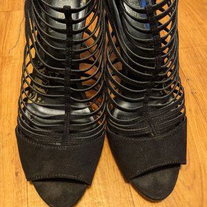 Black suede heels with multi-layer straps